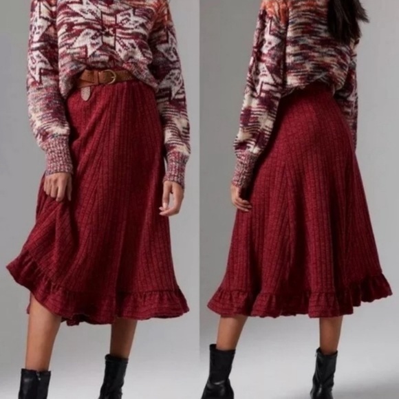 NWT Anthropologie Pauline Midi Sweater Ruffle Hem Skirt...
